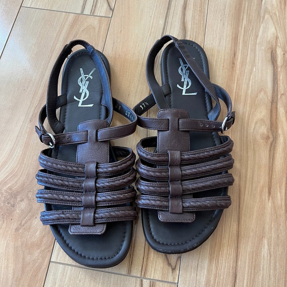 Yves Saint Laurent YSL Gladiator Flat Sandals Dark Brown Leather size 37.5